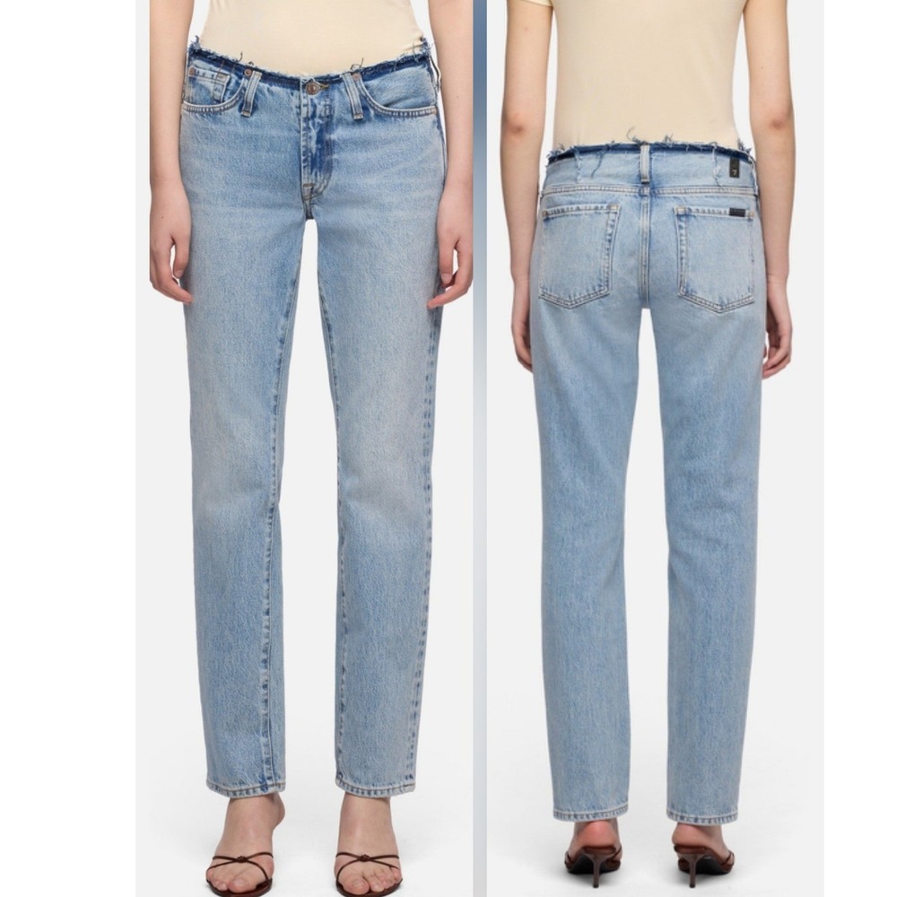 NWT 7 For All‎ Mankind Low Cigarette Blue Erosion Raw Waist Jeans Womens 27